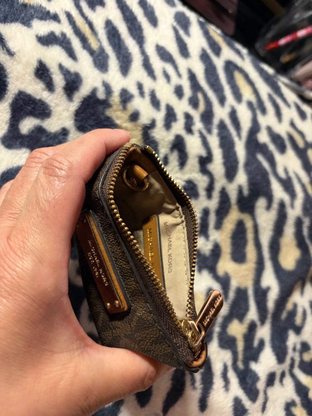 Michael Kors Brown Textured Zip Coin Pouch with Gold Plate - Picture 3 of 3
